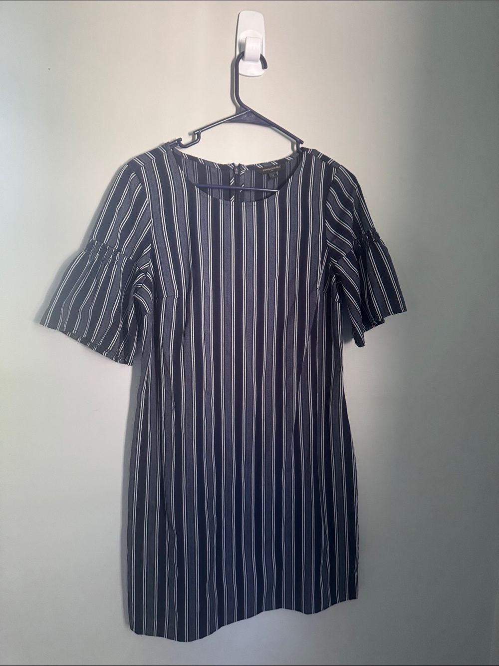 Striped Navy and White Ruffle Sleeve Shift Dress